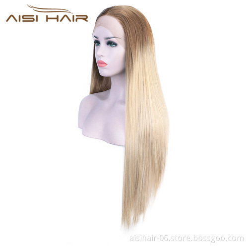 Aisi Hair Ombre Blonde Lace Front Long Wigs Heat Resistant Synthetic Fiber Long Silk Straight Lace Front Wigs For Women